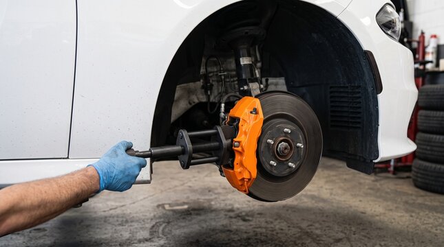 Mechanic removes modern car brake caliper with tool. Expert technician performing vehicle maintenance in garage.