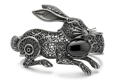 Silver rabbit brooch with black stone inlay