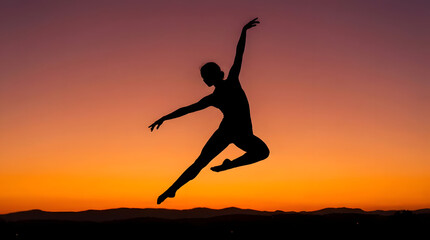 Fototapeta premium Silhouette of a dancer jumping against a vibrant sunset sky.