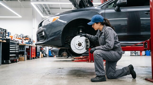 Mechanic woman checking brake system of lifted car in repair shop. Automotive technician inspecting rotor disc replacement. Professional vehicle maintenance and safety inspection service.