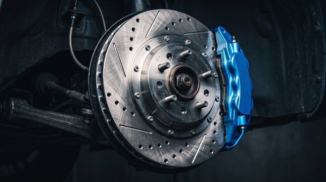 Close up of high performance car brake disc with blue caliper. Automotive spare part for fast vehicle.