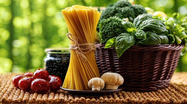 Fresh spaghetti, tomatoes, broccoli, basil, mushrooms, and lentils on a textured surface