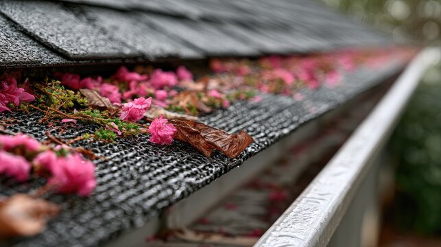 Debris-filled gutter with pink flowers and leaves on shingles