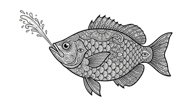 Patterned fish spitting water line art drawing.