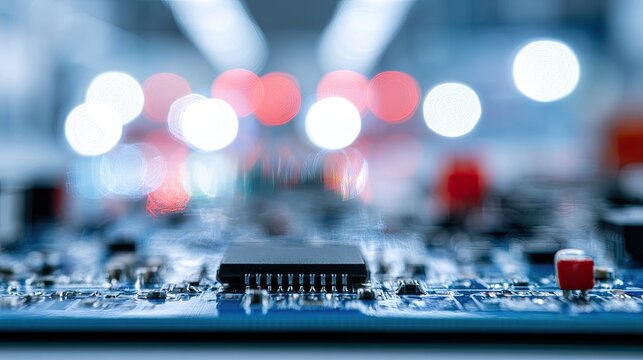 Close-up of a complex electronic circuit board with a central chip and bokeh lights
