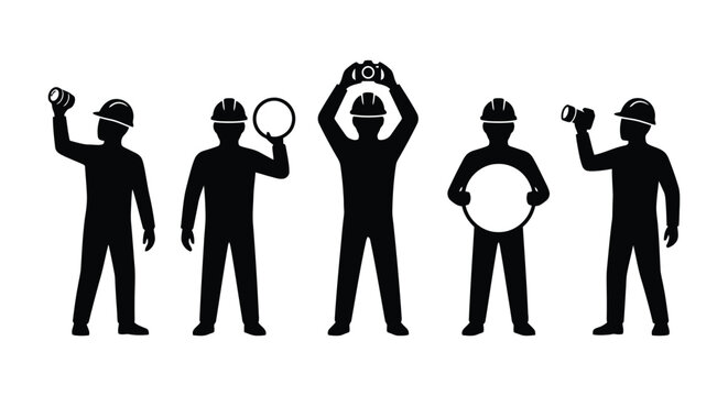 Construction workers silhouettes holding tools and equipment.