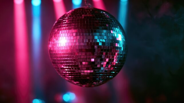 Reflective globe hangs, illuminated by vibrant, smoky stage lights in a dark space