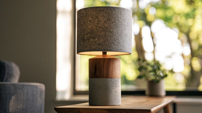 Modern bedside lamp with concrete and wood base, soft light, blurred nature backdrop