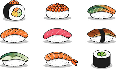 Cute Cartoon Japanese Sushi and Maki Roll Vector Illustration Seafood Icon Set © Kuddus