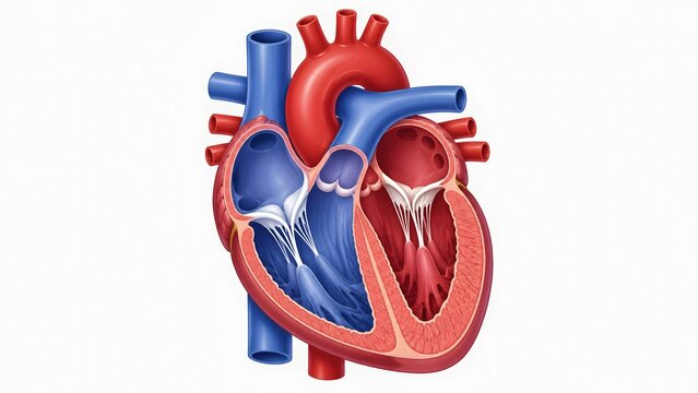 Anatomical illustration of a human heart, showing its chambers and valves.