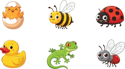 Fototapeta premium Cute Cartoon Baby Animal and Insect Vector Set Featuring Hatching Chick Bumblebee Ladybug Rubber Duck Gecko Lizard and Fly Isolated on White Background