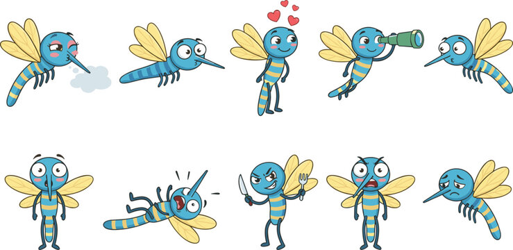 Funny Mosquito Character Set with Different Expressions and Poses Including Angry, Love, and Hungry for Insect Designs