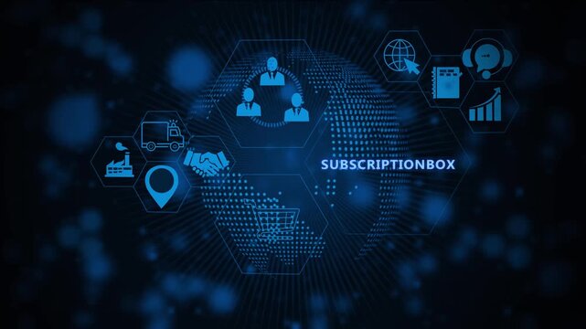 Digital subscription box business concept featuring animated global network connectivity e-commerce shopping cart, logistics delivery truck, and corporate team collaboration symbols in blue