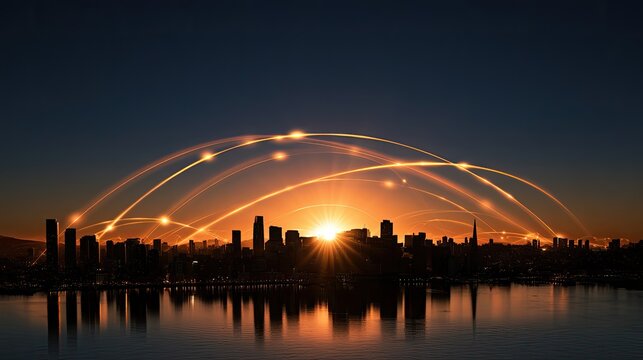 Gleaming energy arcs connect a city skyline at sunrise, reflecting on calm water