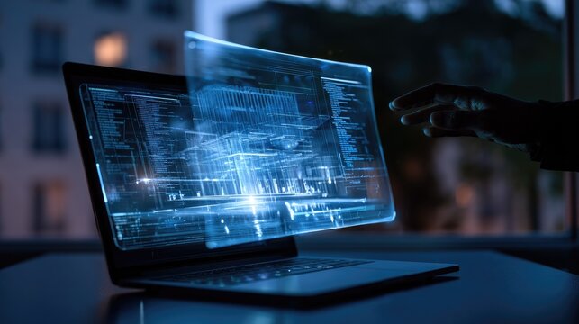Hand interacting with holographic display projecting futuristic interface over laptop