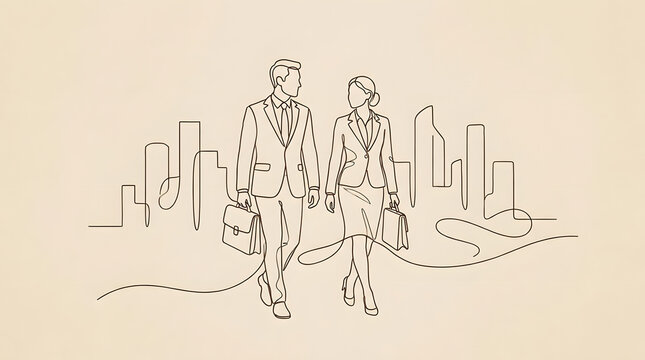Continuous line drawing of business professionals walking near skyline.