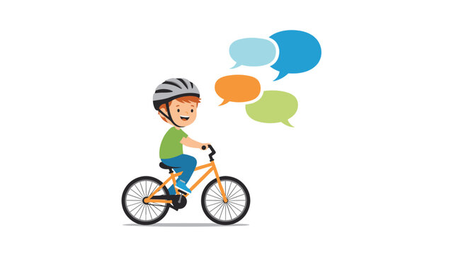 Cute cartoon boy wearing a safety helmet riding a bicycle, with colorful speech bubbles floating above him in the air.