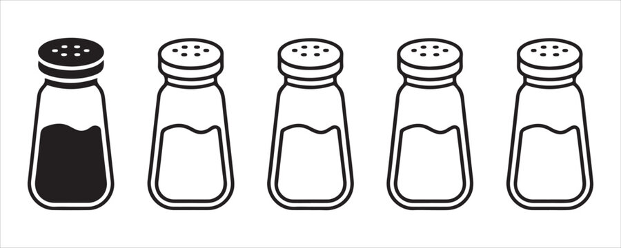 Five salt and pepper shakers one filled solid black four outline bottles with caps and holes.