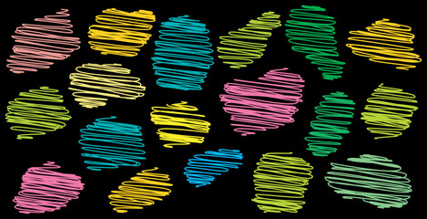 Abstract colorful scribbled shapes on a black background, representing creativity and artistic expression. © Riki