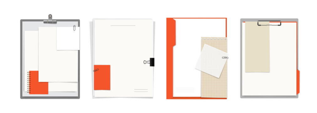 Set of vector illustrations featuring office supplies, document folders, clipboards, and binder clips. Templates for document design, presentations, or use as mockups.
