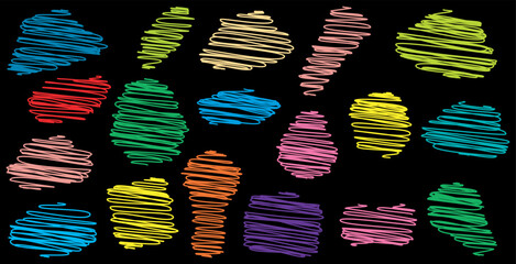 A collection of colorful, abstract, scribbled shapes on a black background, representing creativity and diversity. © Riki