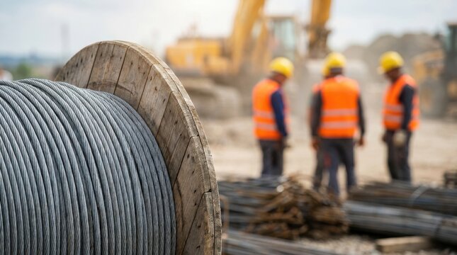 Construction workers on site with large steel cable reel in foreground