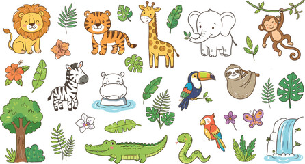 Fototapeta premium Cute Cartoon Jungle Animals Vector Element Set Featuring Friendly Wildlife Characters Tropical Flora Palm Leaves and a Small Waterfall Design