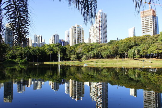 O Parque Vaca Brava em Goiania, com um lago de &aacute;guas l&iacute;mpidas, muitas &aacute;rvores e predios ao fundo em um dia claro e ensolarado.
