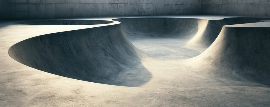 Minimalist concrete skate park smooth bowl ramp empty urban structure modern public space soft morning light curved architecture detail serene sport area sculptural design calm atmosphere outdoor
