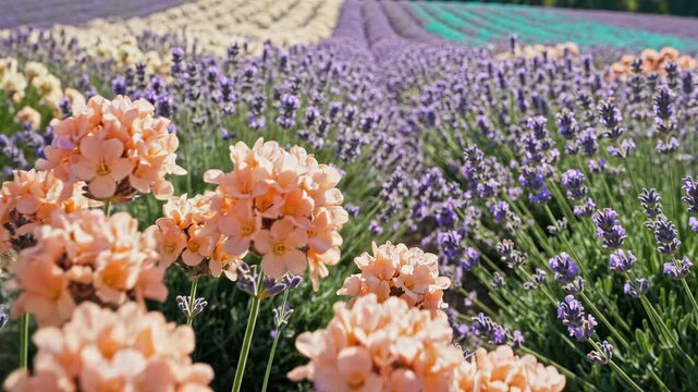Flowers bloom in bright field with peach and lavender colors. Natural setting in countryside during daytime. Concept of gardening, floral design, nature photography