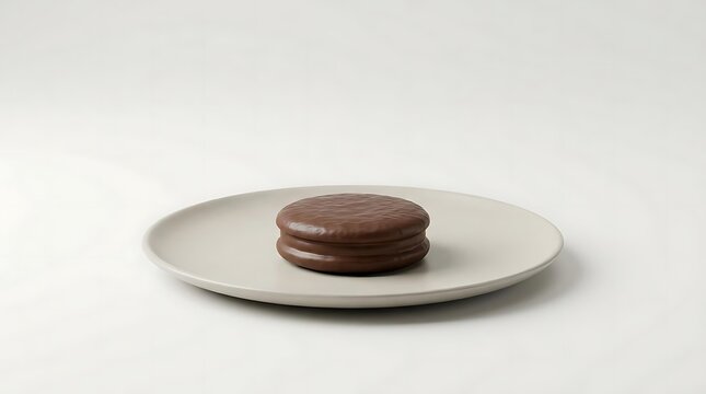 A single chocolate covered oreo cookie served on a simple minimalist grey ceramic plate against a clean white background in a studio food photography shot