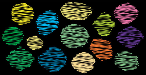 A collection of colorful, abstract, scribbled shapes on a black background, representing creativity and design. © Riki