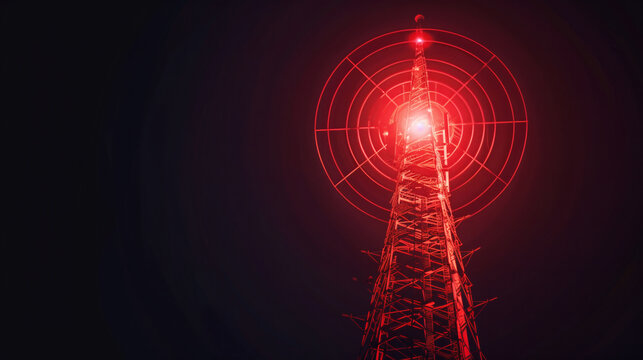 Telecommunication tower transmitting red radio waves and data signals on black background