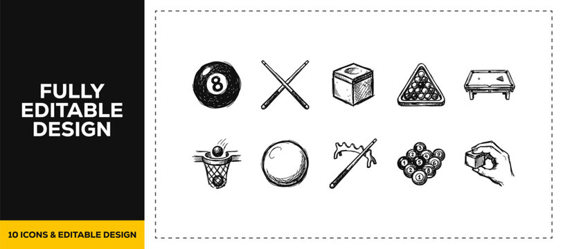 Black ink scribble hand drawn billiards and pool game icon set bundle featuring doodle sketch vector illustrations for sports bar and leisure recreation club branding design art.