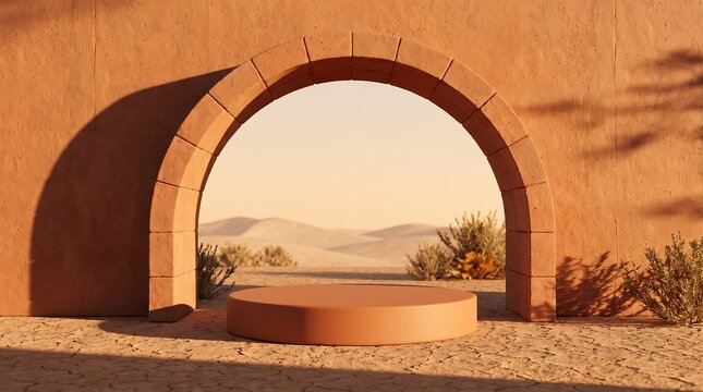 Desert terracotta archway with round product podium and sand dune landscape