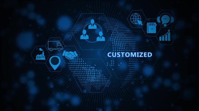 Digital business transformation concept featuring a glowing blue holographic globe with interconnected representing customized solutions, global logistics, e-commerce, and corporate networking