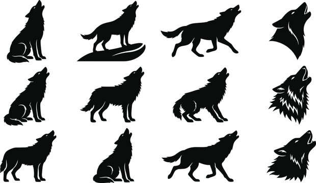 Howling Wolf Silhouette Vector Pack Featuring Wild Predators in Various Poses Perfect for Badges Tattoos Outdoor Branding Logos and Wilderness Graphic Designs