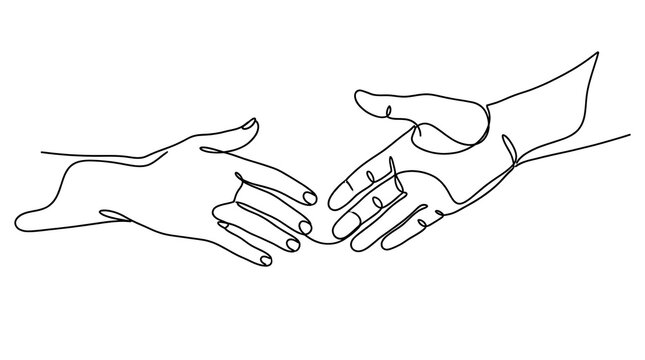 One line drawing of two hands reaching to touch.