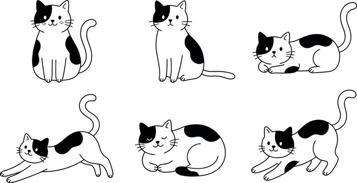 Black and White Cat Line Art Set with Sitting, Sleeping, and Stretching Poses for Pet Lover Designs
