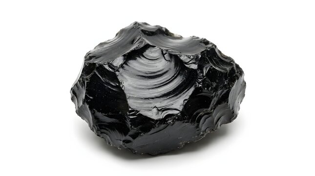 Sharp black obsidian rock with glossy conchoidal fractures isolated on white background for geological science education and mineralogy research