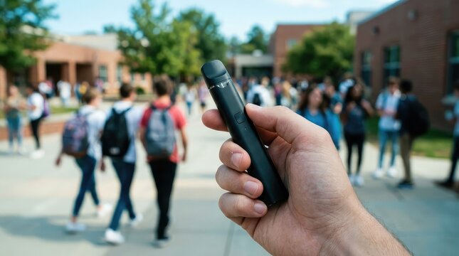 A person holding a black electronic vaping device in front of a group of students at school