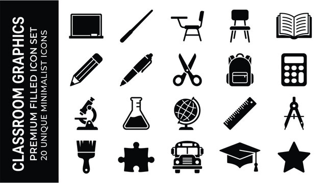 Classroom Education Icon Set &mdash; 20 Minimalist School Symbols for Teaching, Learning and Study
