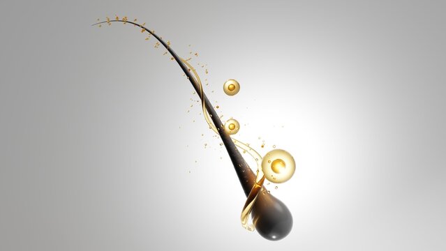 Human hair root follicle with golden serum oil drop. 3d render
