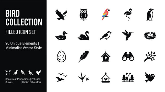 Bird Icon Set &mdash; Minimalist Vector Bird Collection with 20 Filled Elements and Nest Icons