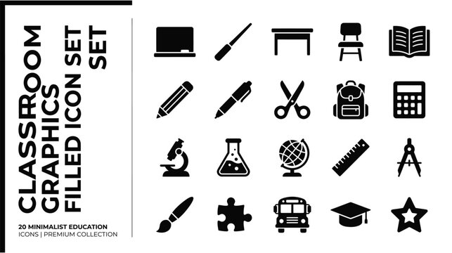 Classroom Education Icon Set &mdash; 20 Minimalist School Symbols for Teaching, Learning and Study