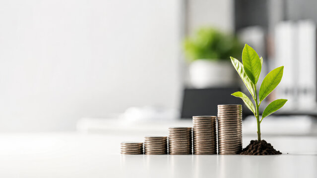 Stacks of coins gradually increasing in height beside a small green plant growing from soil, symbolizing financial growth and investment.