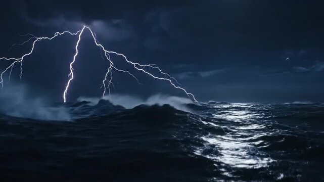 Powerful Lightning Bolts Striking Turbulent Stormy Ocean at Night