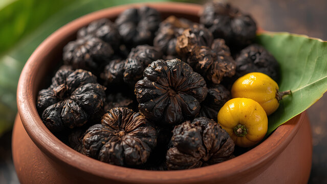 Dried Goraka and Fresh Yellow Garcinia Fruits in Clay Pot