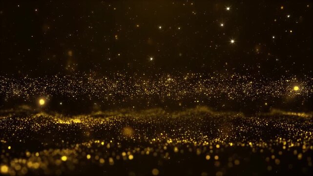 Golden particles drifting over dark cosmic background in slow motion
