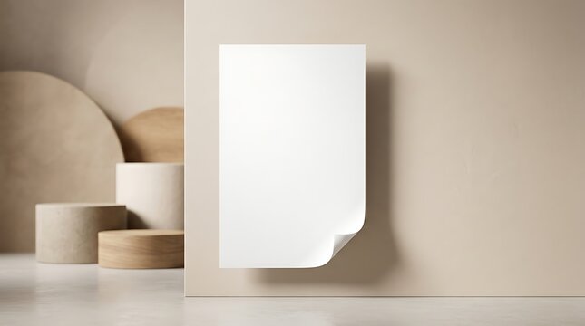 Minimalist beige interior background featuring a blank 11x17 poster template with a curled corner for modern display